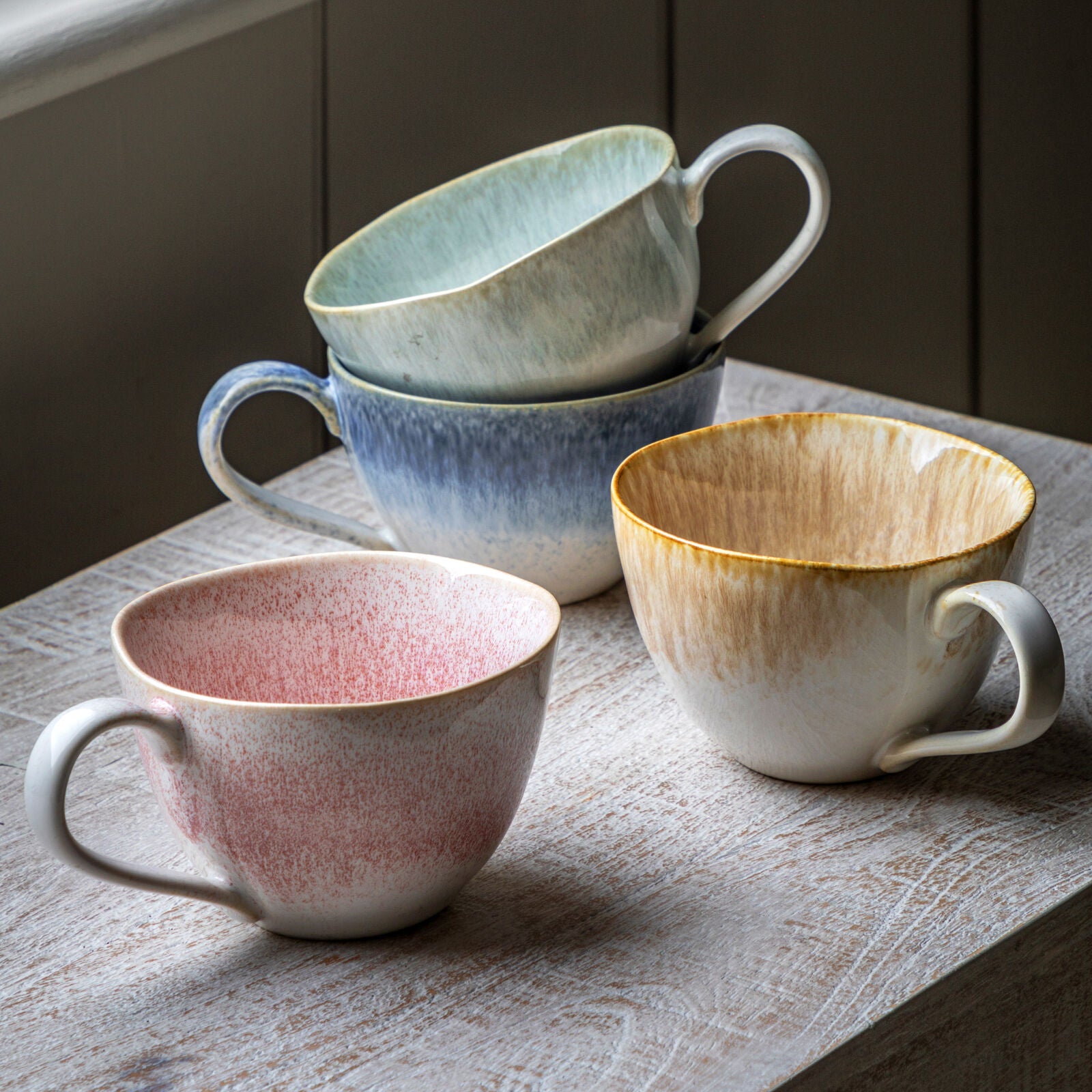 Reactive pink glaze set of 4 ceramic coffee mugs | malletandplane.com