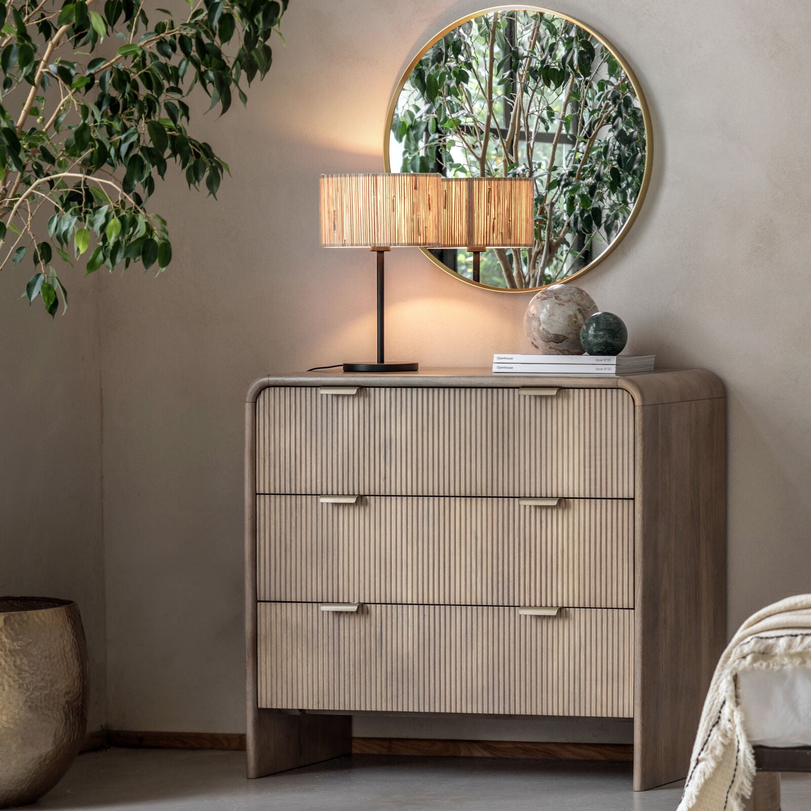 Rocca mango 3 drawer chest of drawers with fluted details and brass hardware | malletandplane.com