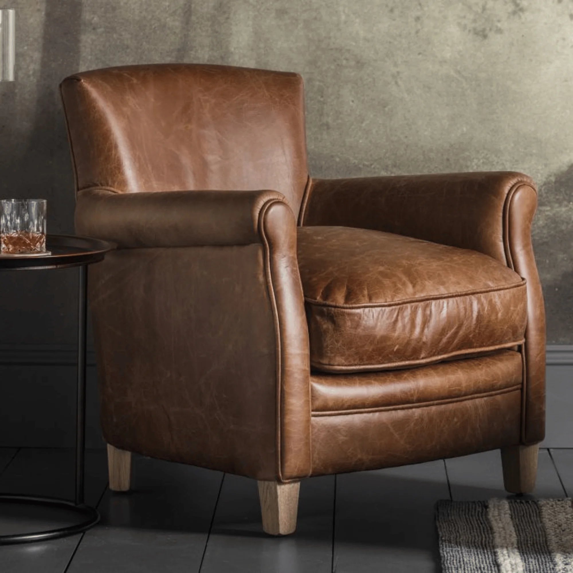 Sir Alfred vintage top grain brown leather armchair with ash feet | MalletandPlane.com