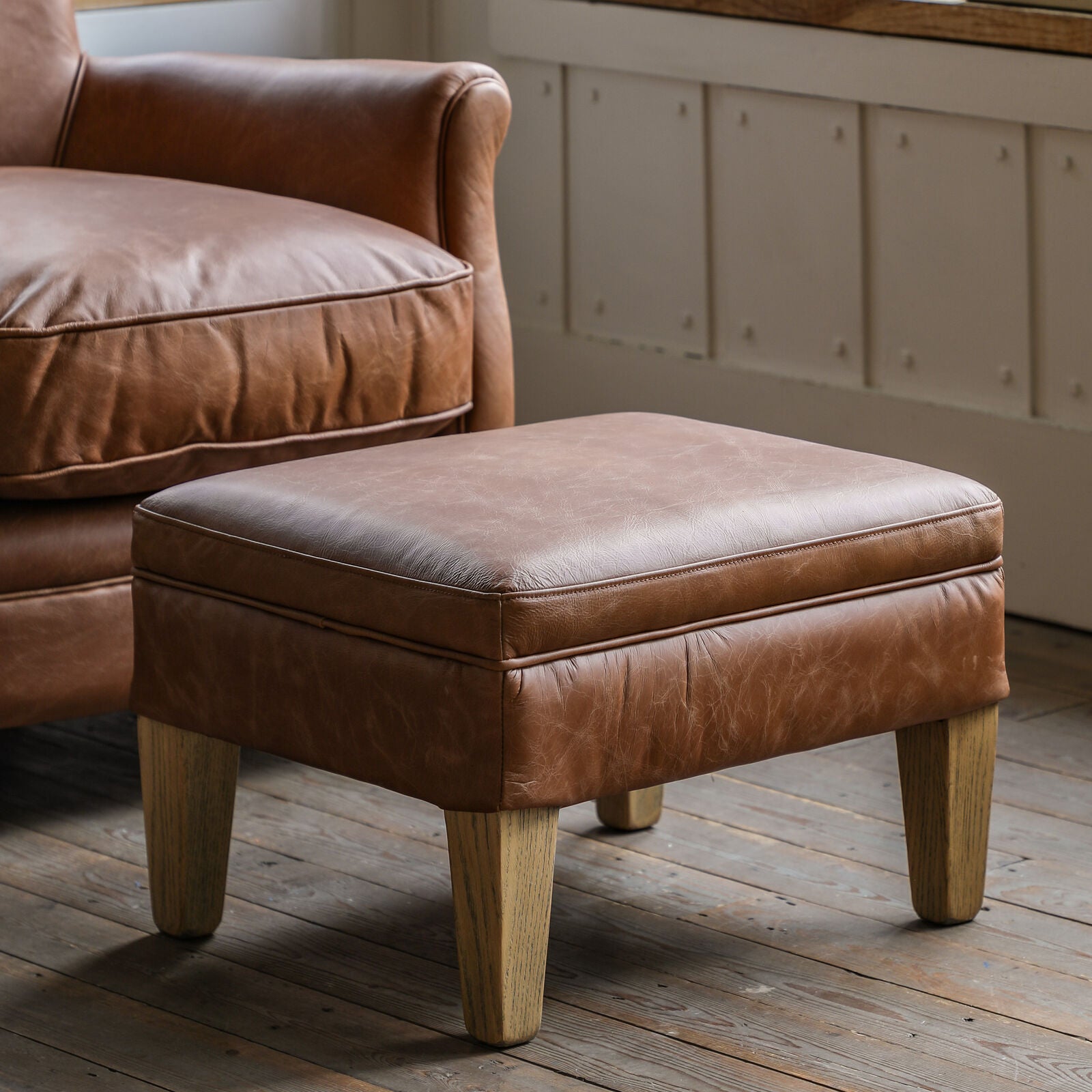 Sir Alfred vintage brown top grain leather footstool with solid ash legs | malletandplane.com