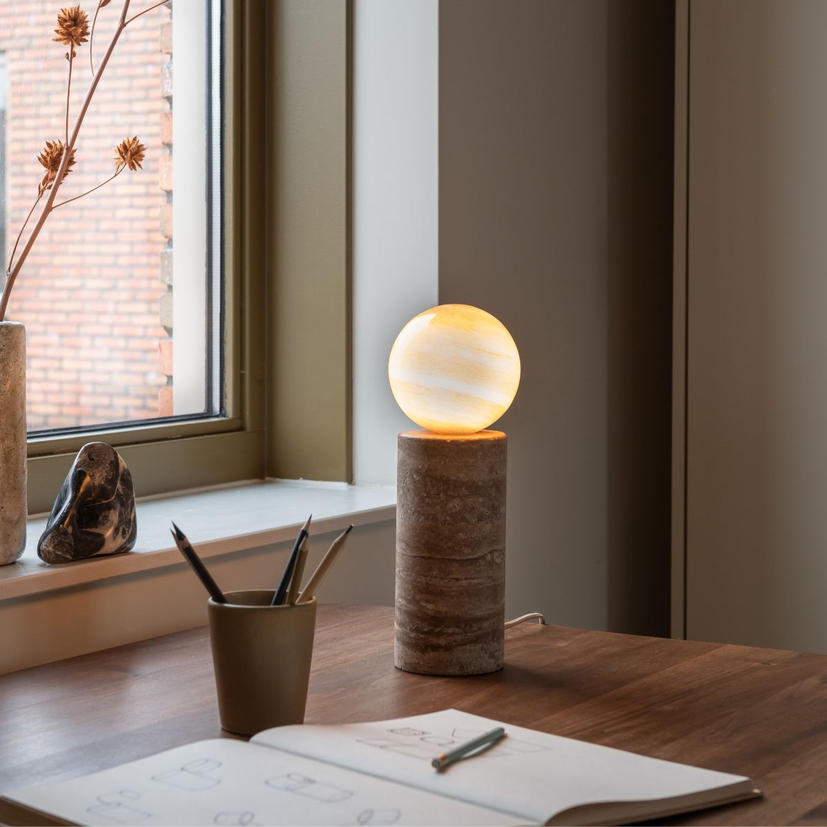 TIVOLI Sand Travertine Table Lamp with Glass Globe