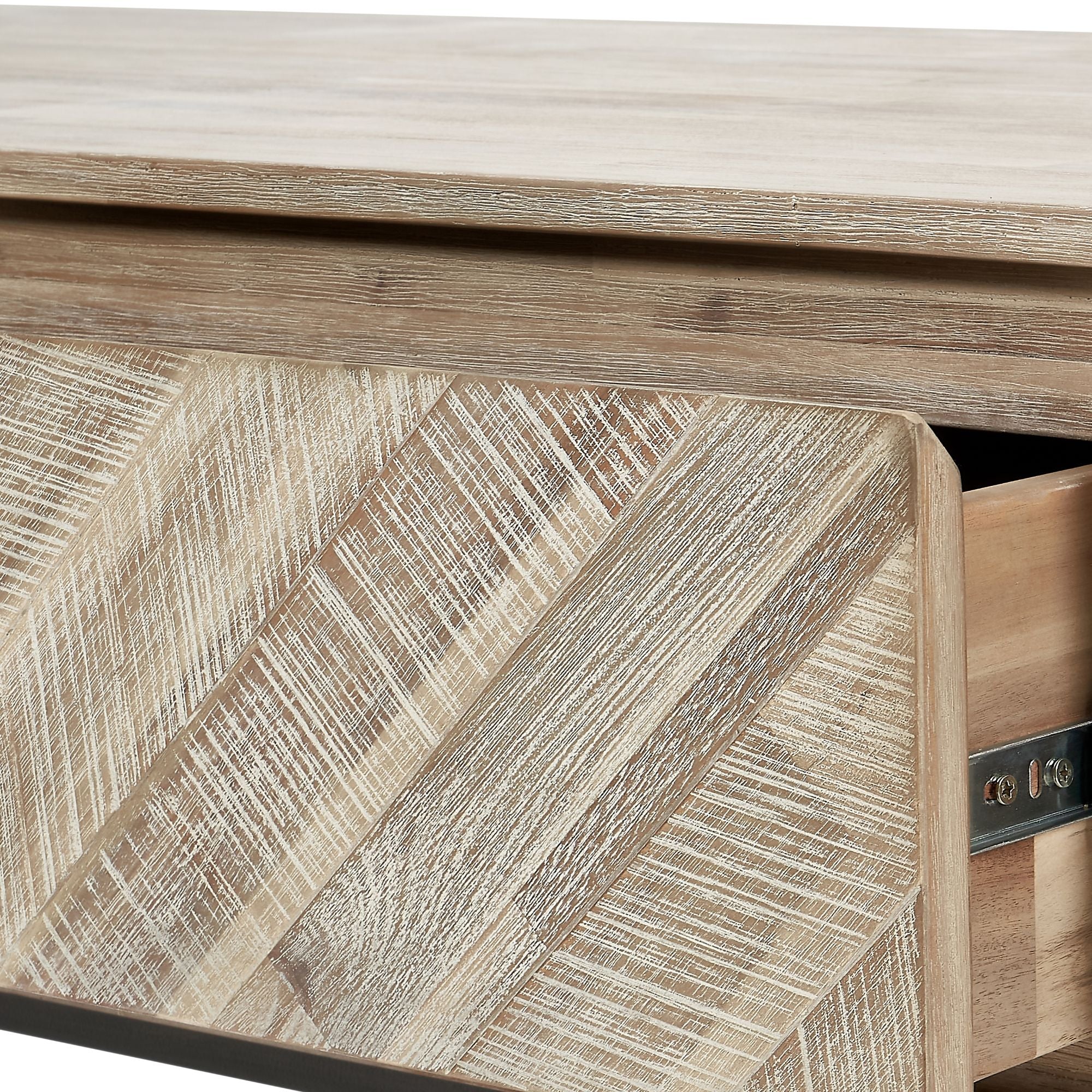 TORVIK sand washed acacia wood coffee table with 2 drawers and open slot | malletandplane.com