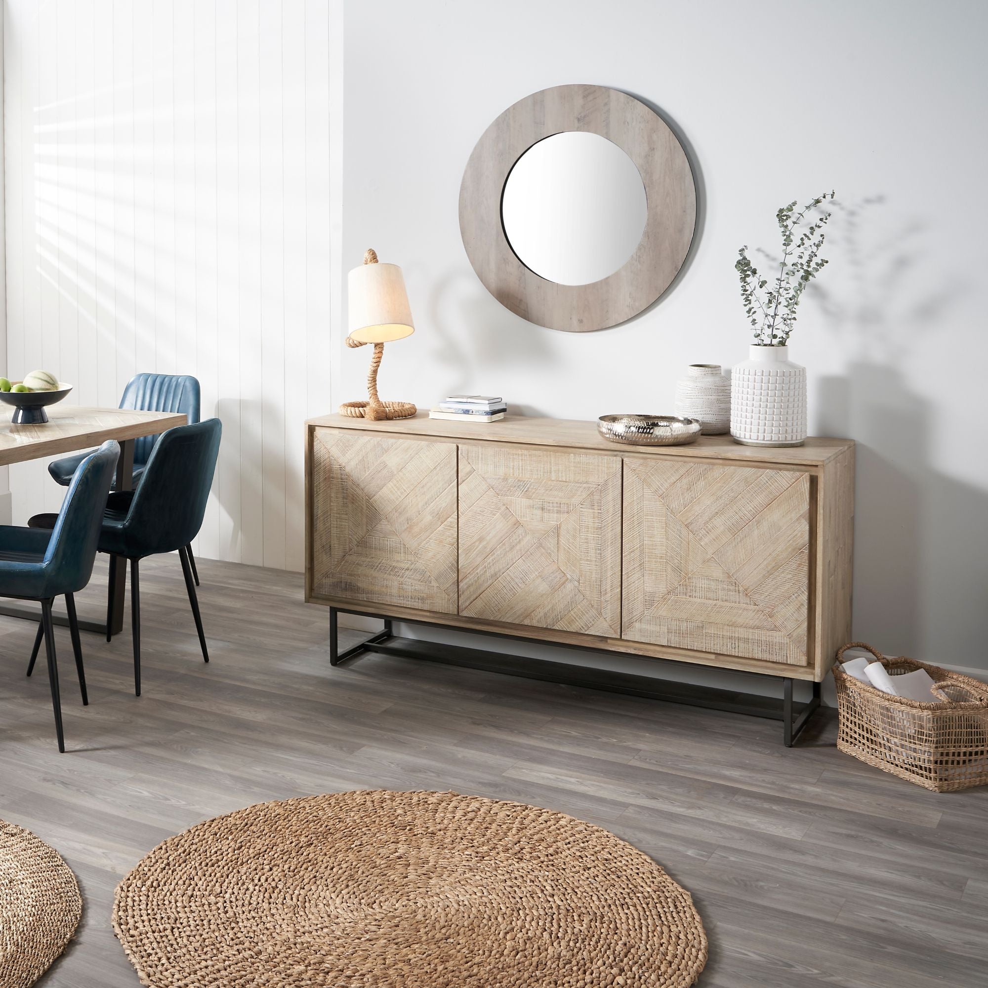 TORVIK Sand Washed Acacia Wood 3 Door Sideboard | malletandplane.com