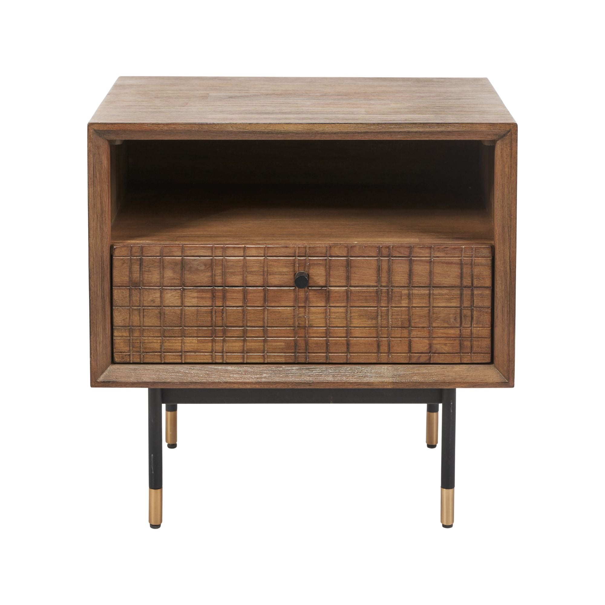 Varg acacia wood bedside table in deep walnut with etched detailing, 1 x drawer and open niche | malletandplane.com