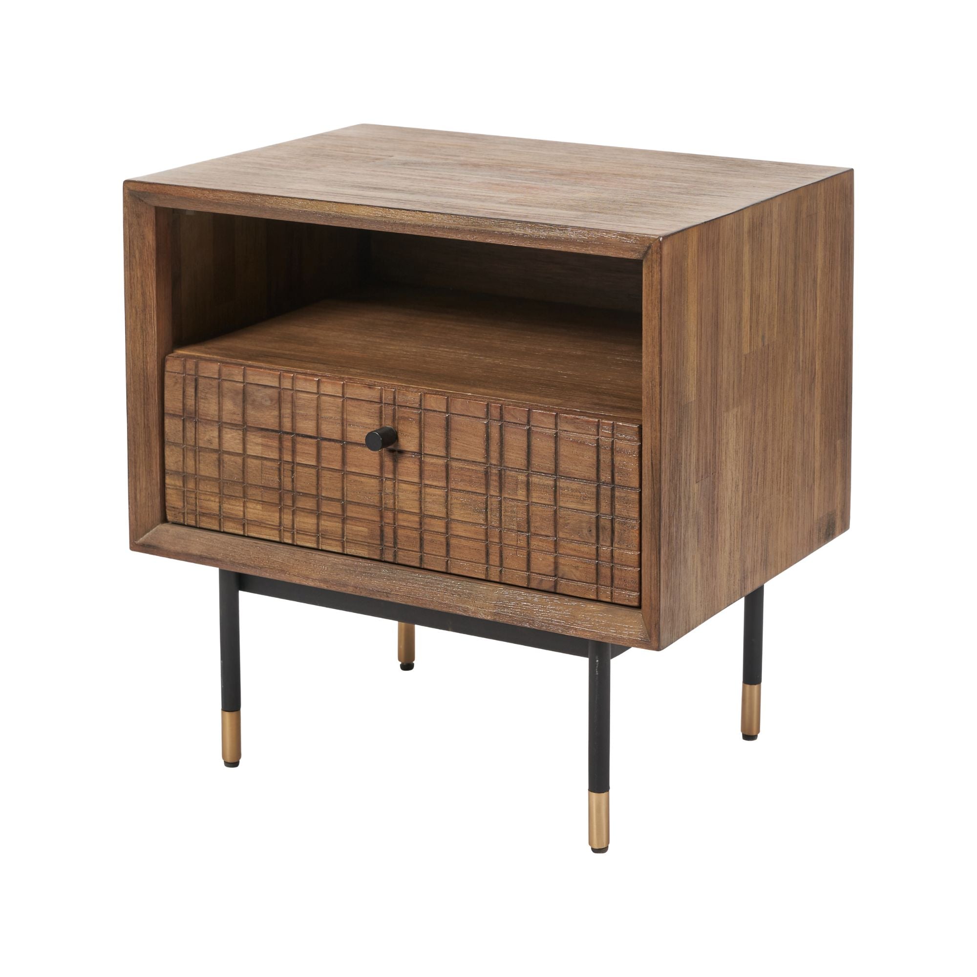 Varg acacia wood bedside table in deep walnut with etched detailing, 1 x drawer and open niche | malletandplane.com