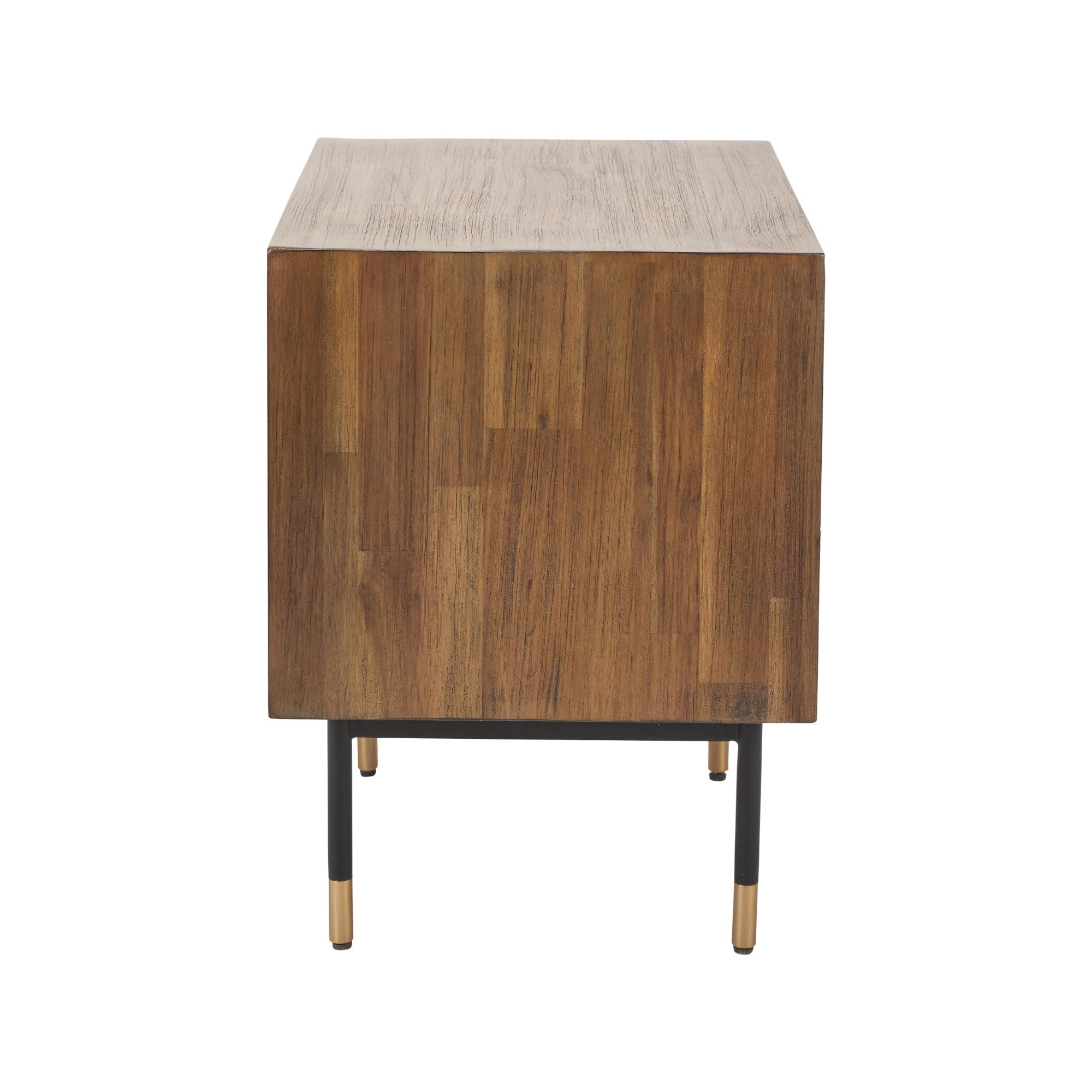 Varg acacia wood bedside table in deep walnut with etched detailing, 1 x drawer and open niche | malletandplane.com