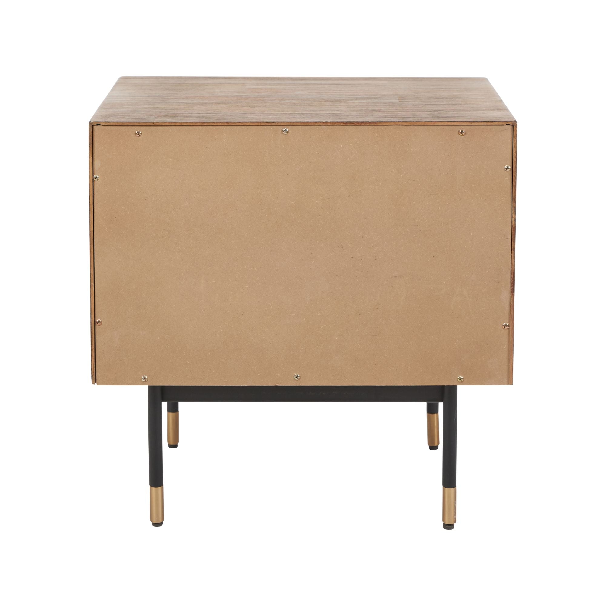 Varg acacia wood bedside table in deep walnut with etched detailing, 1 x drawer and open niche | malletandplane.com