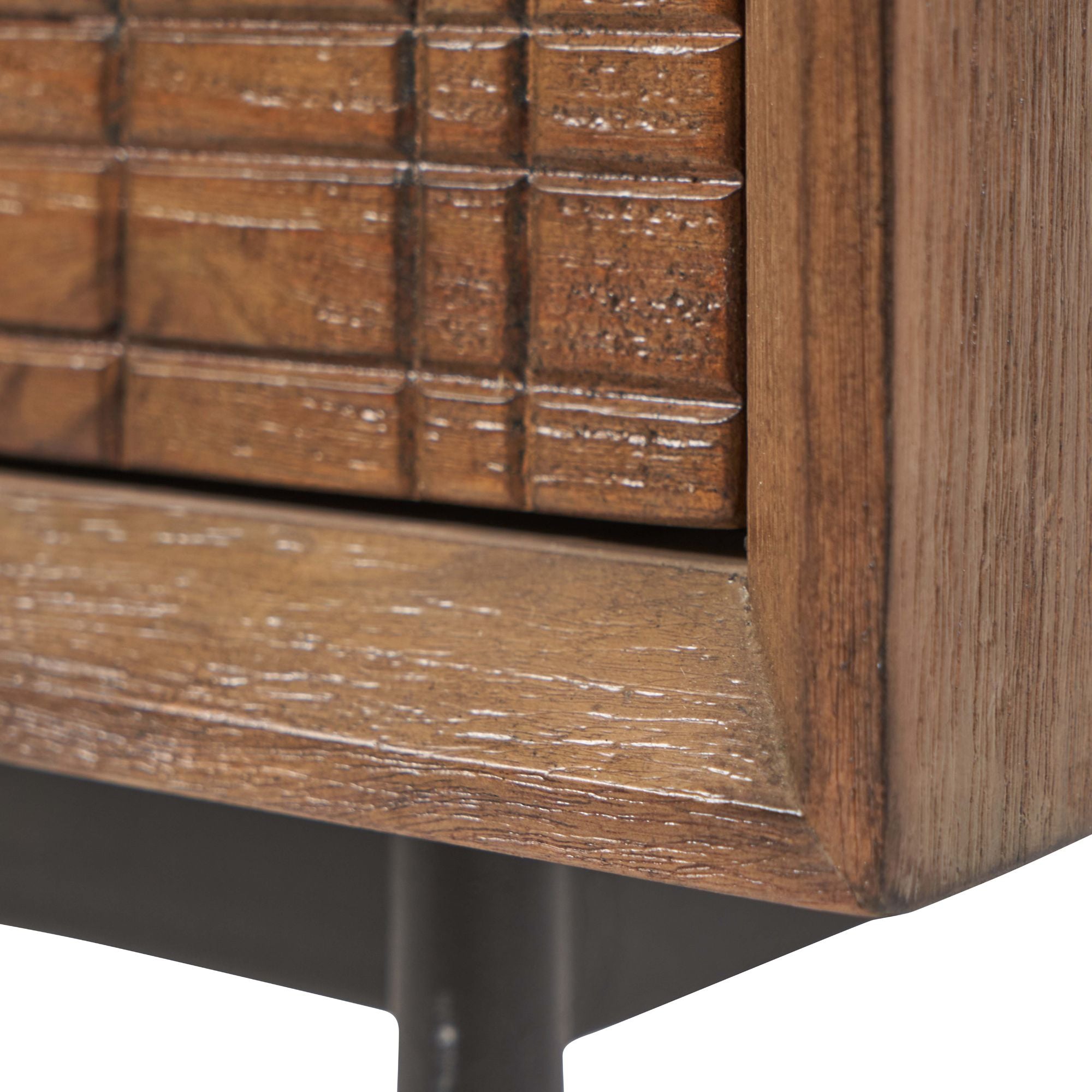Varg acacia wood bedside table in deep walnut with etched detailing, 1 x drawer and open niche | malletandplane.com