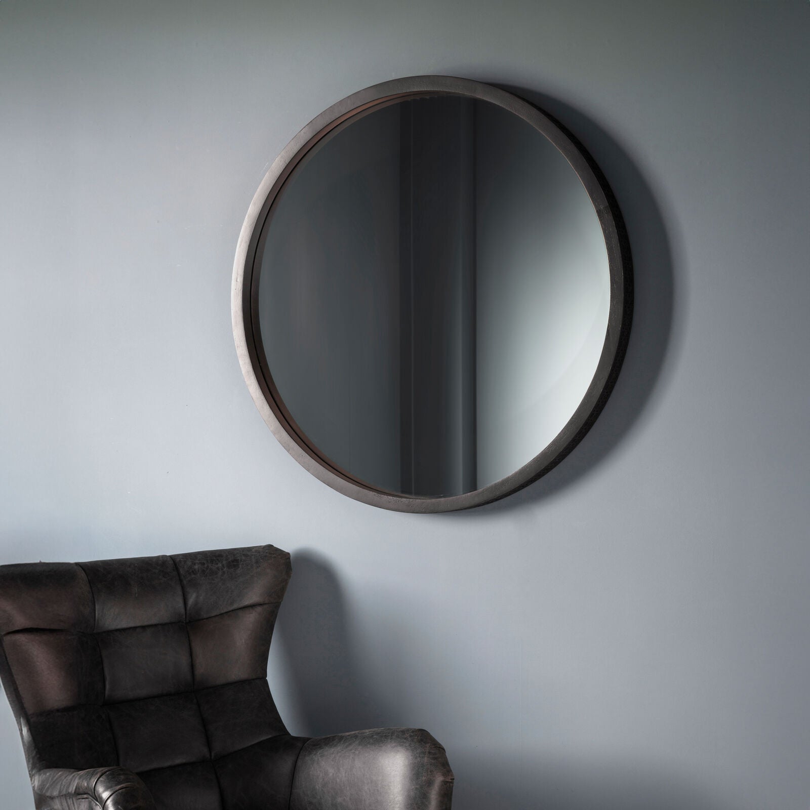 Laylah 800mm round mirror in matt charcoal black | MalletandPlane.com