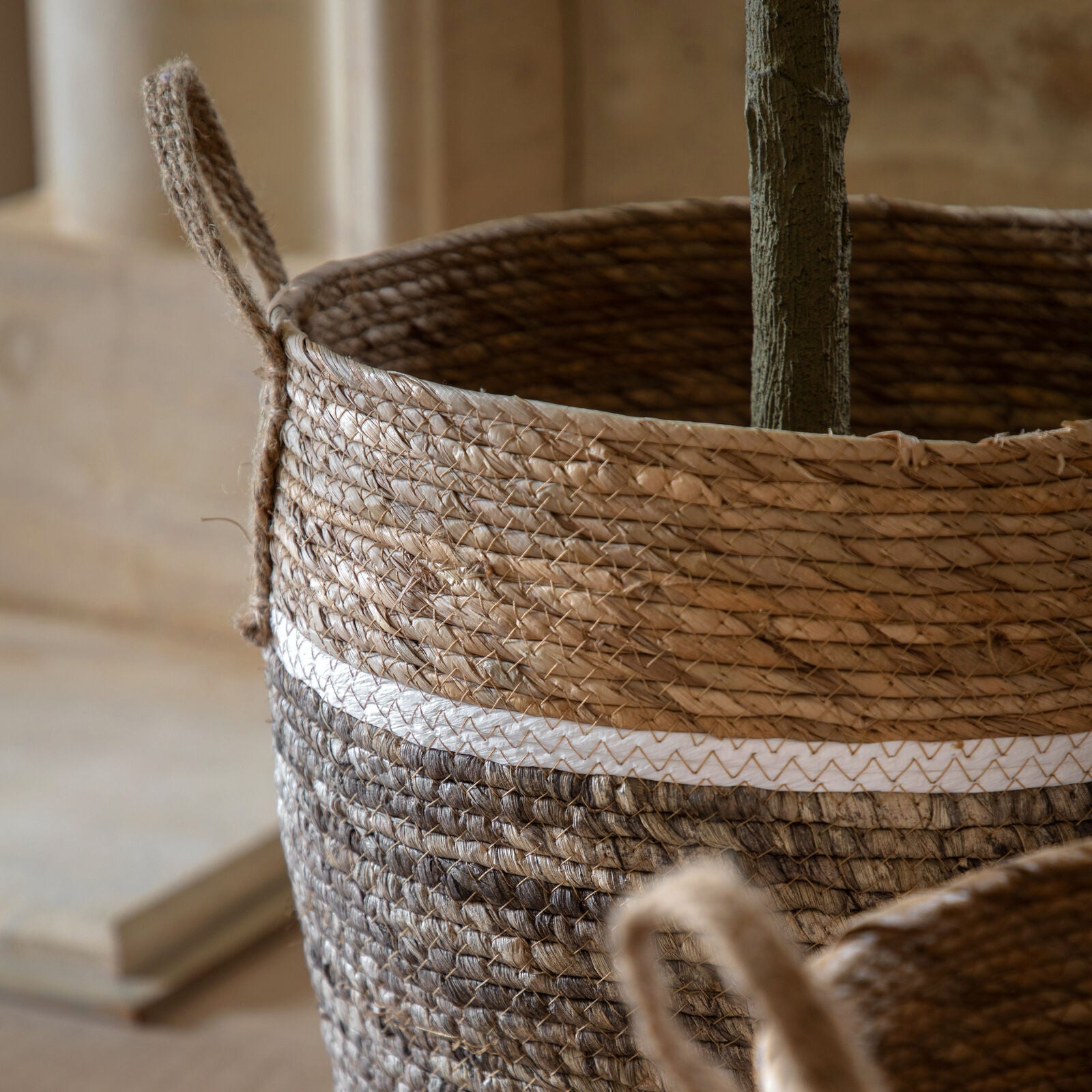 Weave set of handwoven seagrass baskets wirth stripe and contrast design | malletandplane.com