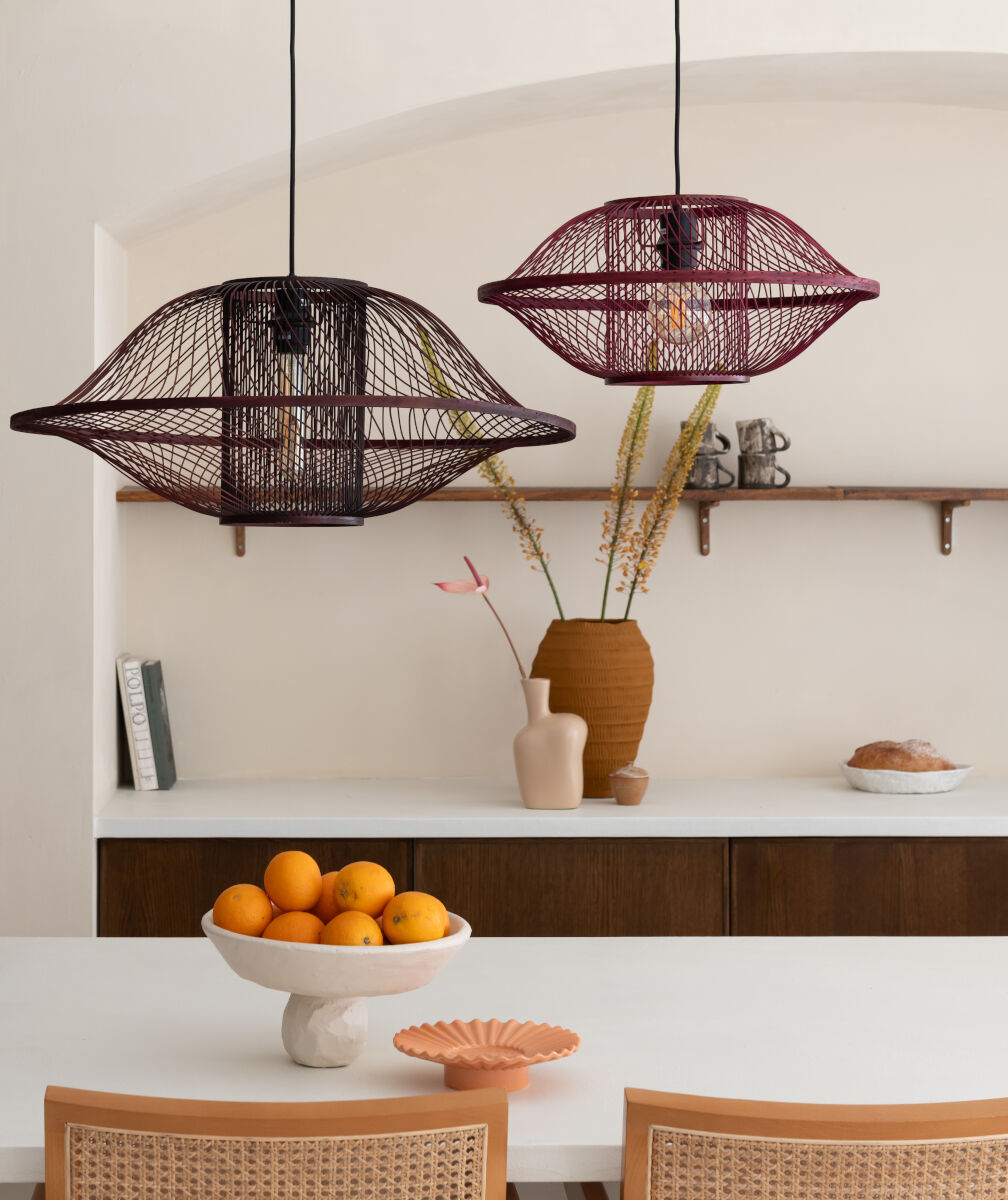Maui handwoven burgundy bamboo pendant light | malletandplane.com