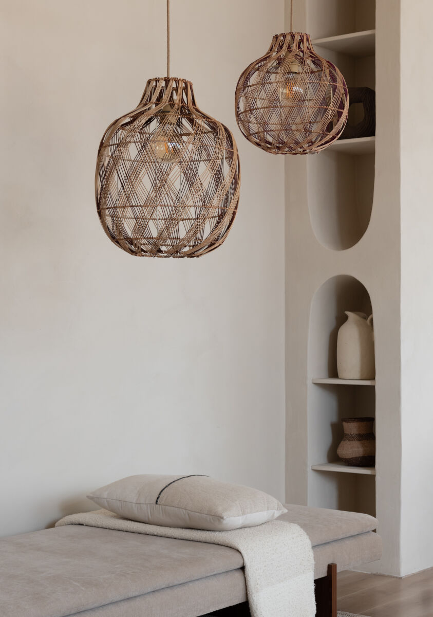 Mendoza handwoven burgundy and natural bamboo bottle shaped pendant light | malletandplane.com