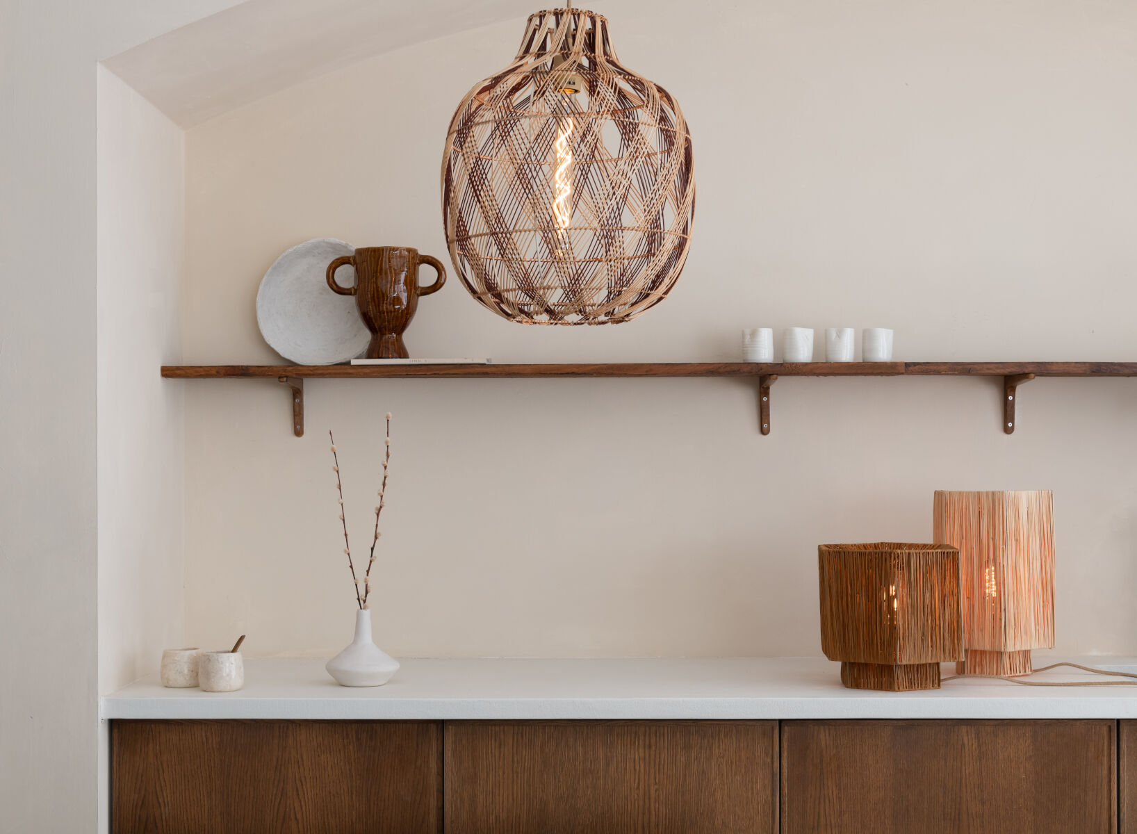 Mendoza handwoven burgundy and natural bamboo bottle shaped pendant light | malletandplane.com