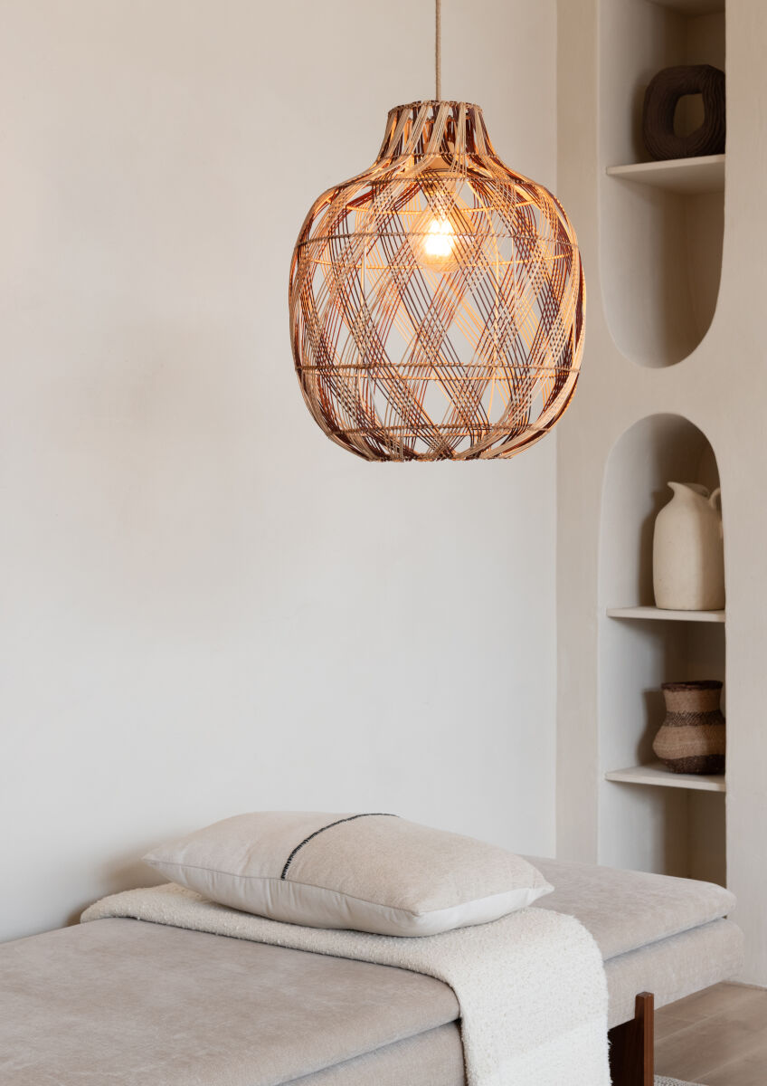 Mendoza handwoven burgundy and natural bamboo bottle shaped pendant light | malletandplane.com