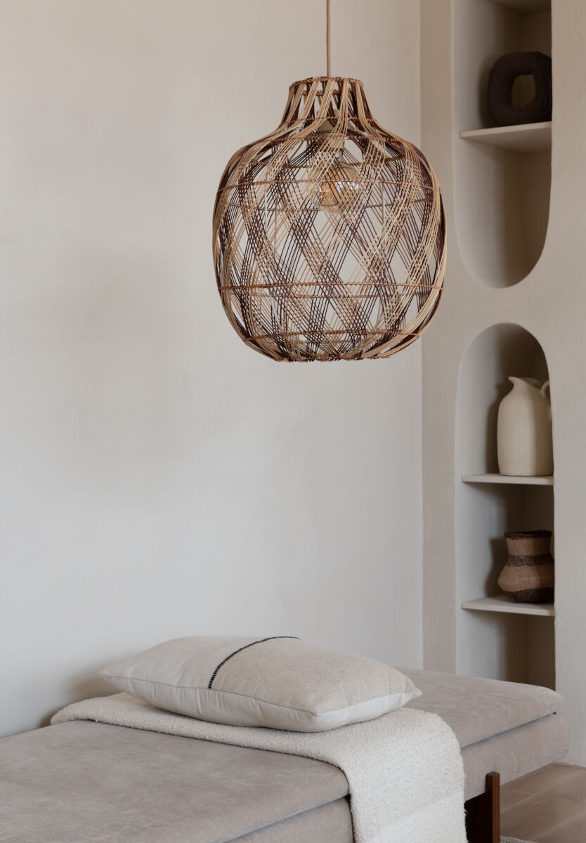 Mendoza handwoven burgundy and natural bamboo bottle shaped pendant light | malletandplane.com