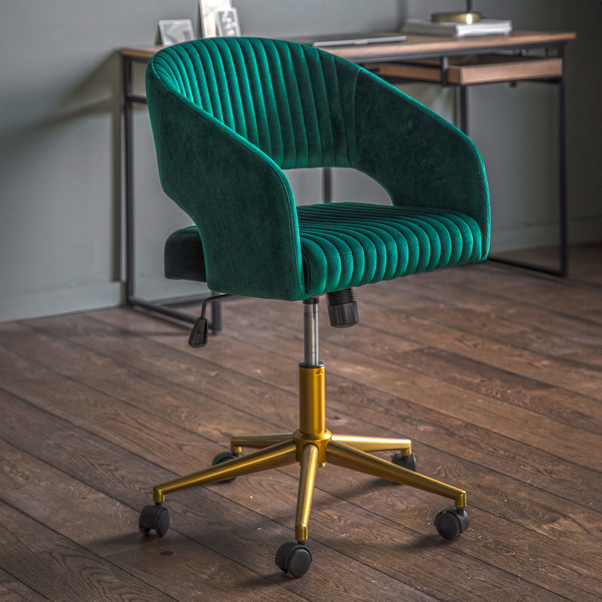 MURRAY green velvet swivel desk chair with gold-toned castor base