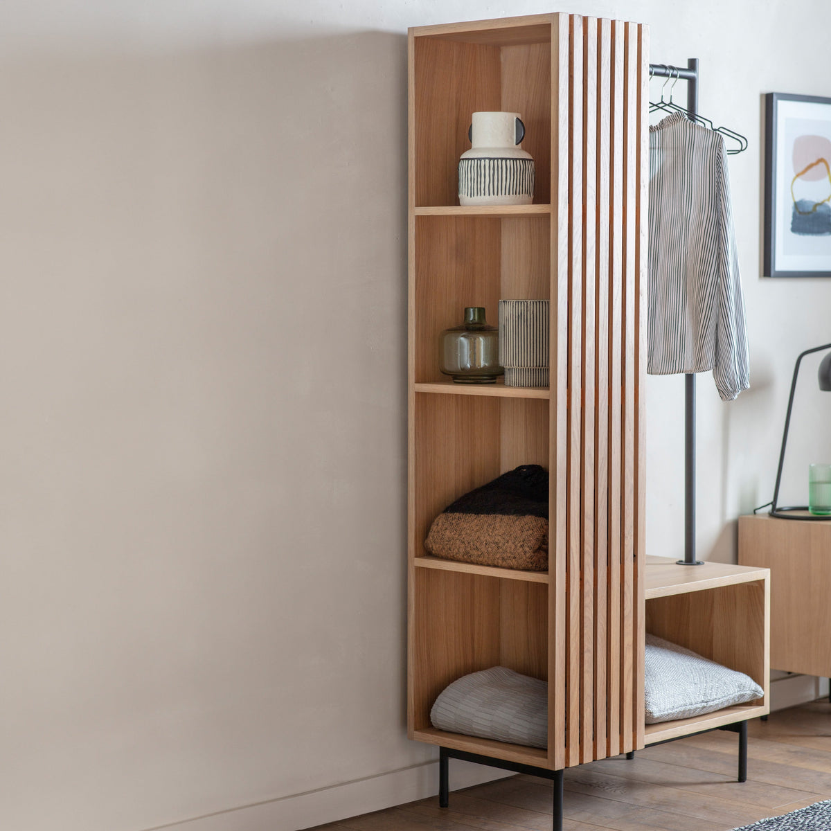 OKAYAMA oak open wardrobe with black hanging rail and slatted shelving