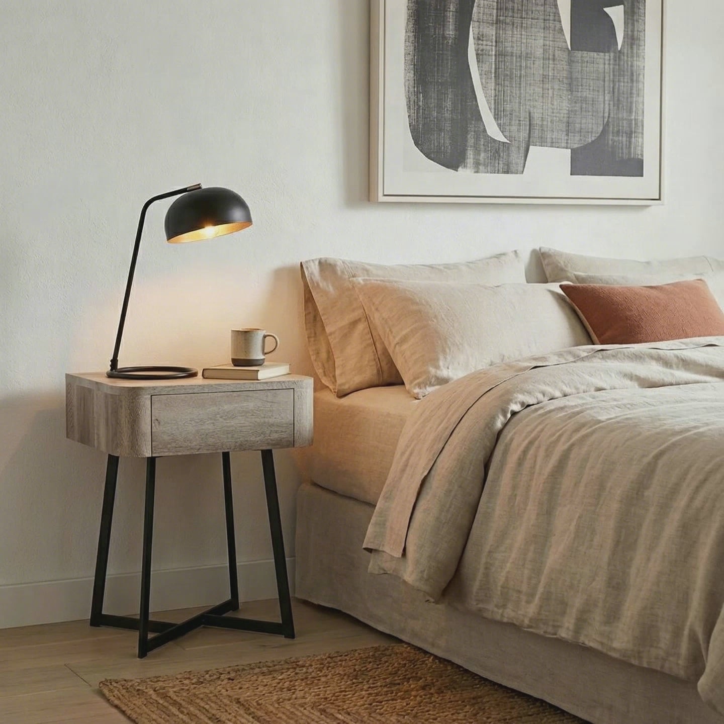 UKIAH Grey Oak & Black Metal Bedside Table