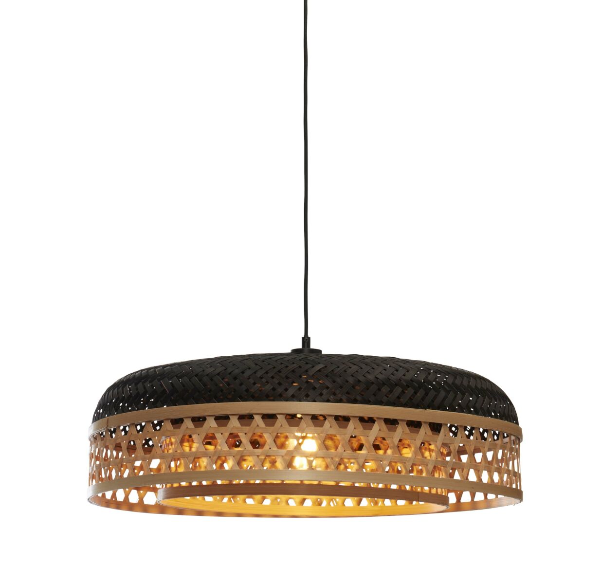 Ubud hand woven natural and black bamboo double shaded pendant light | malletandplane.com