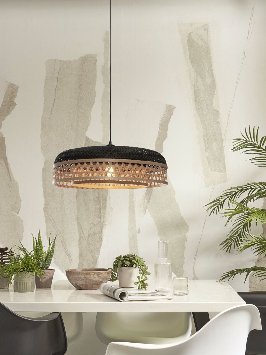 Ubud hand woven natural and black bamboo double shaded pendant light | malletandplane.com