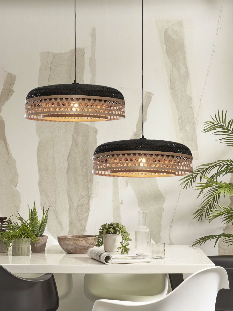 Ubud hand woven natural and black bamboo double shaded pendant light | malletandplane.com