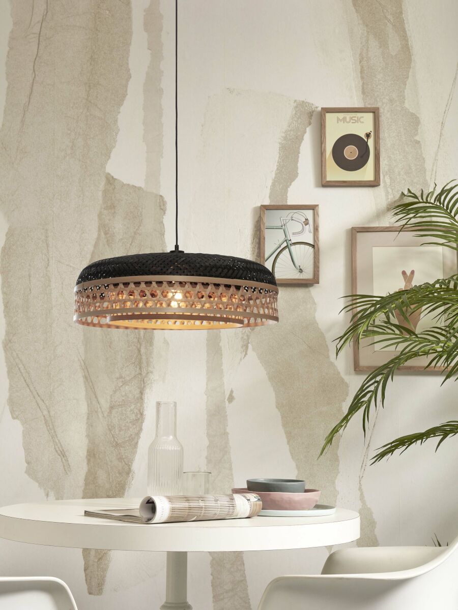 Ubud hand woven natural and black bamboo double shaded pendant light | malletandplane.com