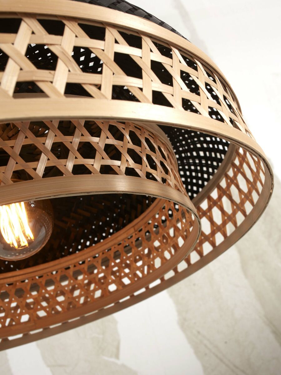 Ubud hand woven natural and black bamboo double shaded pendant light | malletandplane.com
