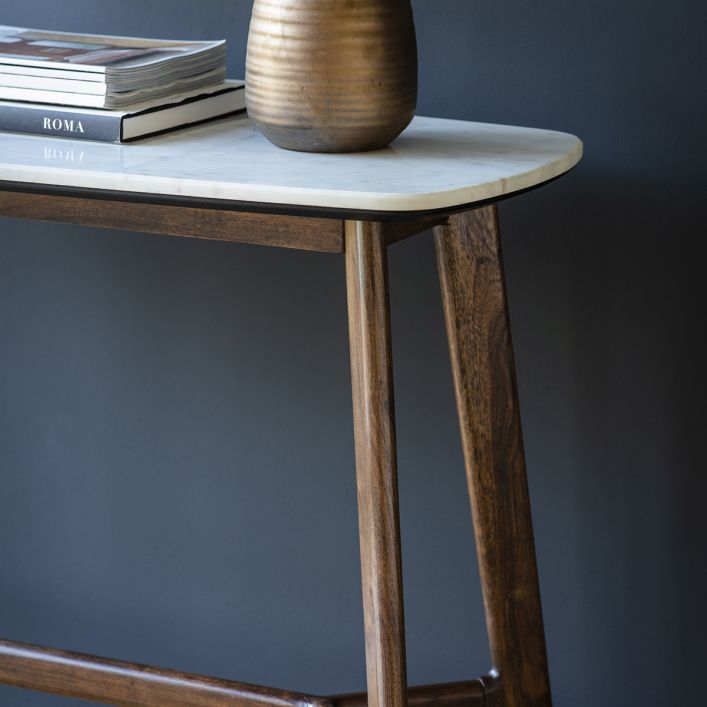 Fresca walnut finish console table with white marble top | MalletandPlane.com