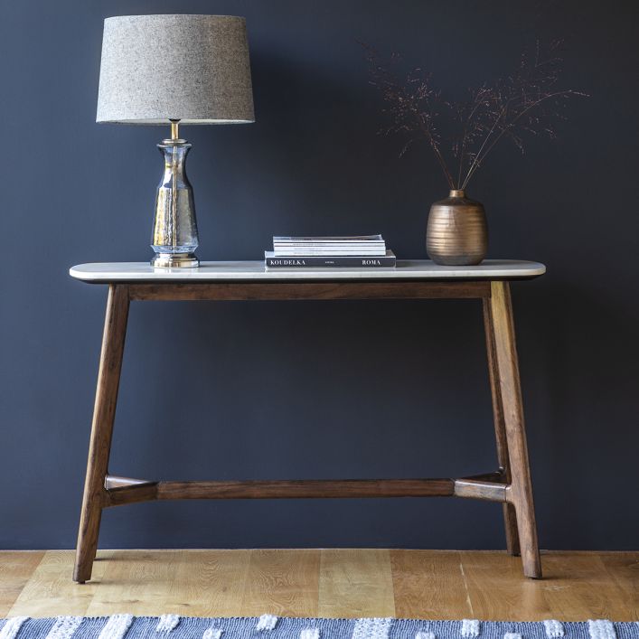 Fresca walnut finish console table with white marble top | MalletandPlane.com