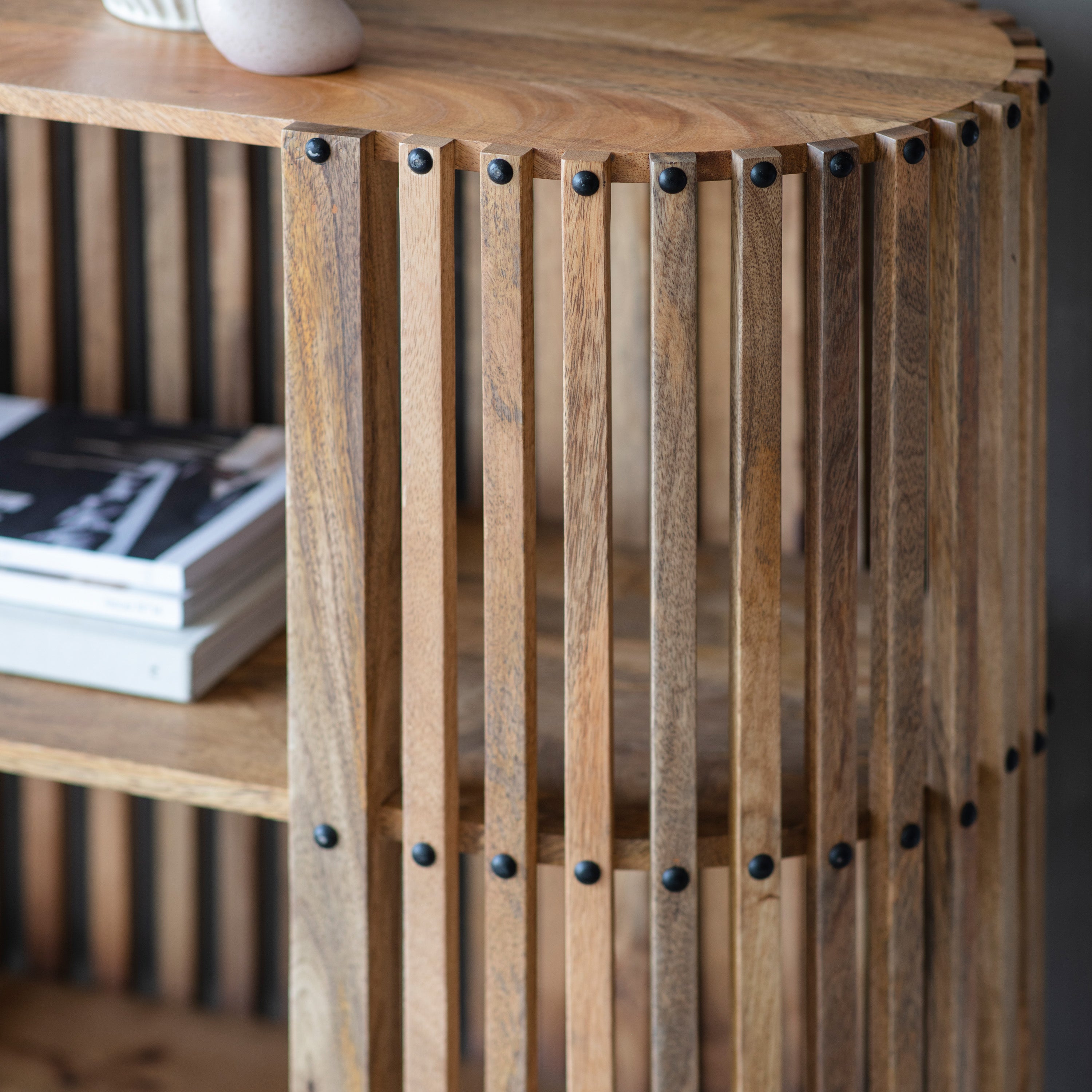 Nelson slatted open sideboard in natural finish solid mango wood | MalletandPlane.com