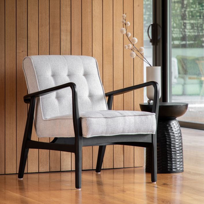 Ronson Mid Century Armchair with black solid oak frame and natural weave upholstery | MalletandPlane.com