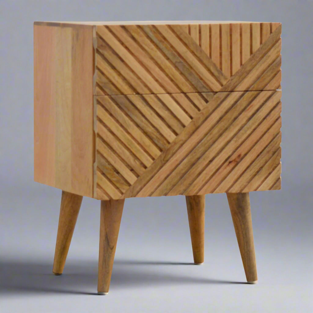 Burcote 2 drawer carved solid wood bedside table | malletandplane.com