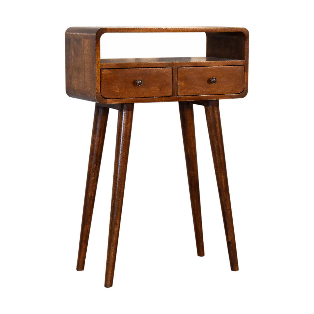 Century Handmade solid wood 2 drawer small console table in deep chestnut finish | malletandplane.com