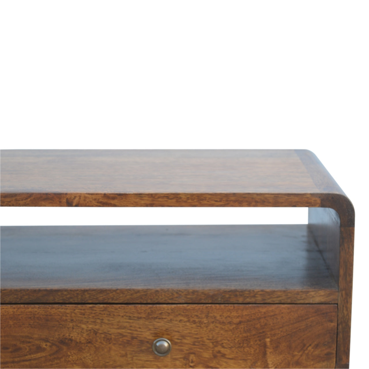 Century Handmade Solid Wood Curved Edge Slim Console Table with Drawers and an Open Storage Shelf in a Deep Chestnut Finish | malletandplane.com