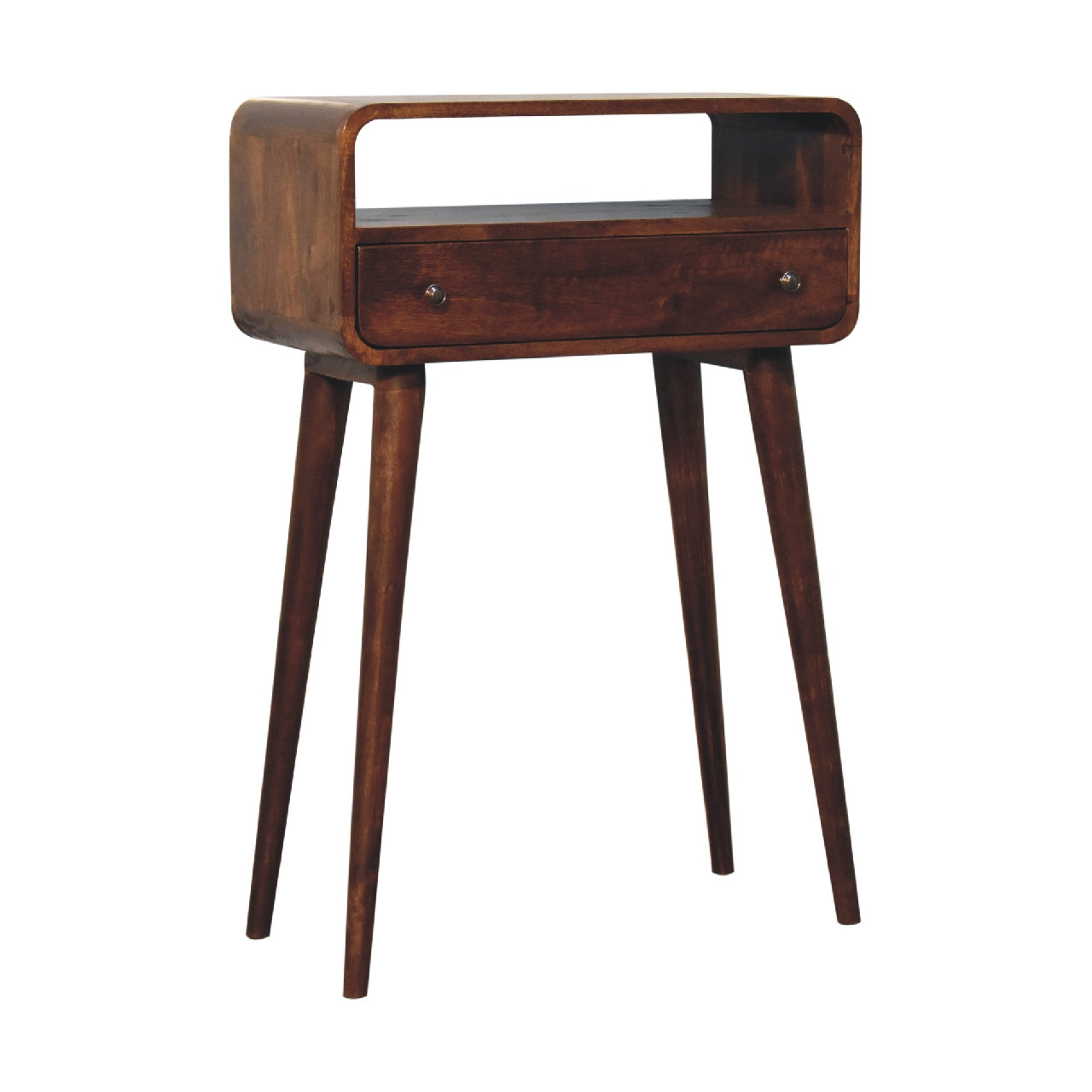 Century 1 Drawer handmade solid wood small console table in deep chestnut finish | malletandplane.com