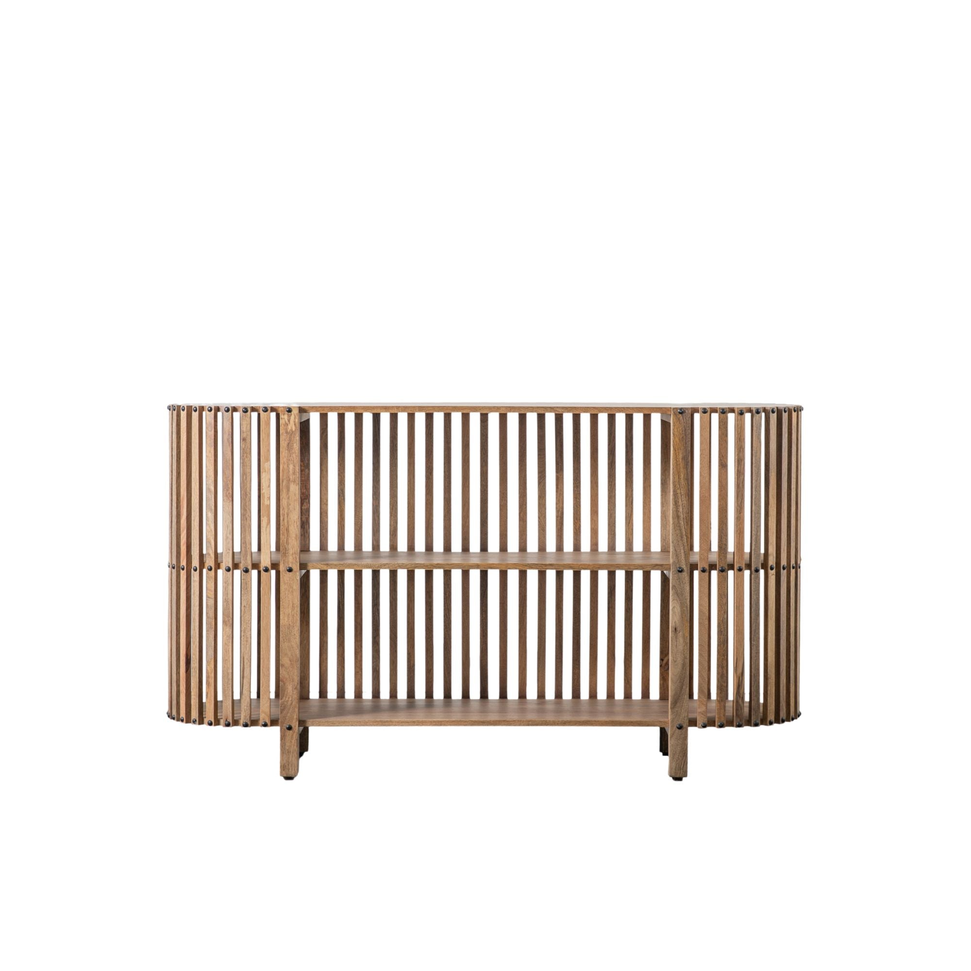 Nelson slatted open sideboard in natural finish solid mango wood | MalletandPlane.com