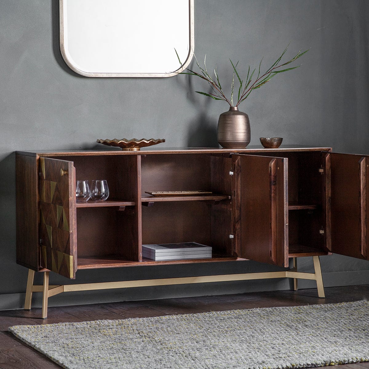 Clift 3 Door Sideboard in acacia wood with brass inlaid pattern | MalletandPlane.com