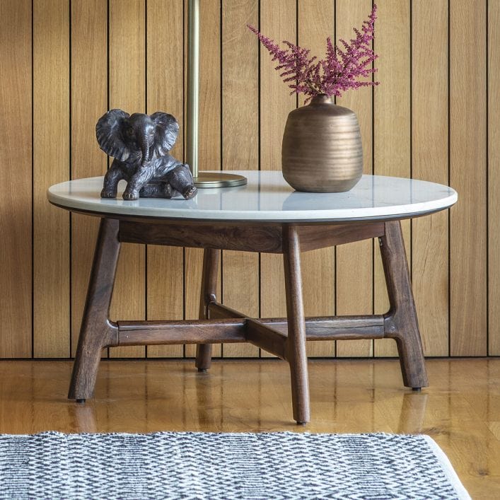 Fresca Round Coffee Table in walnut finish with marble top | MalletandPlane.com