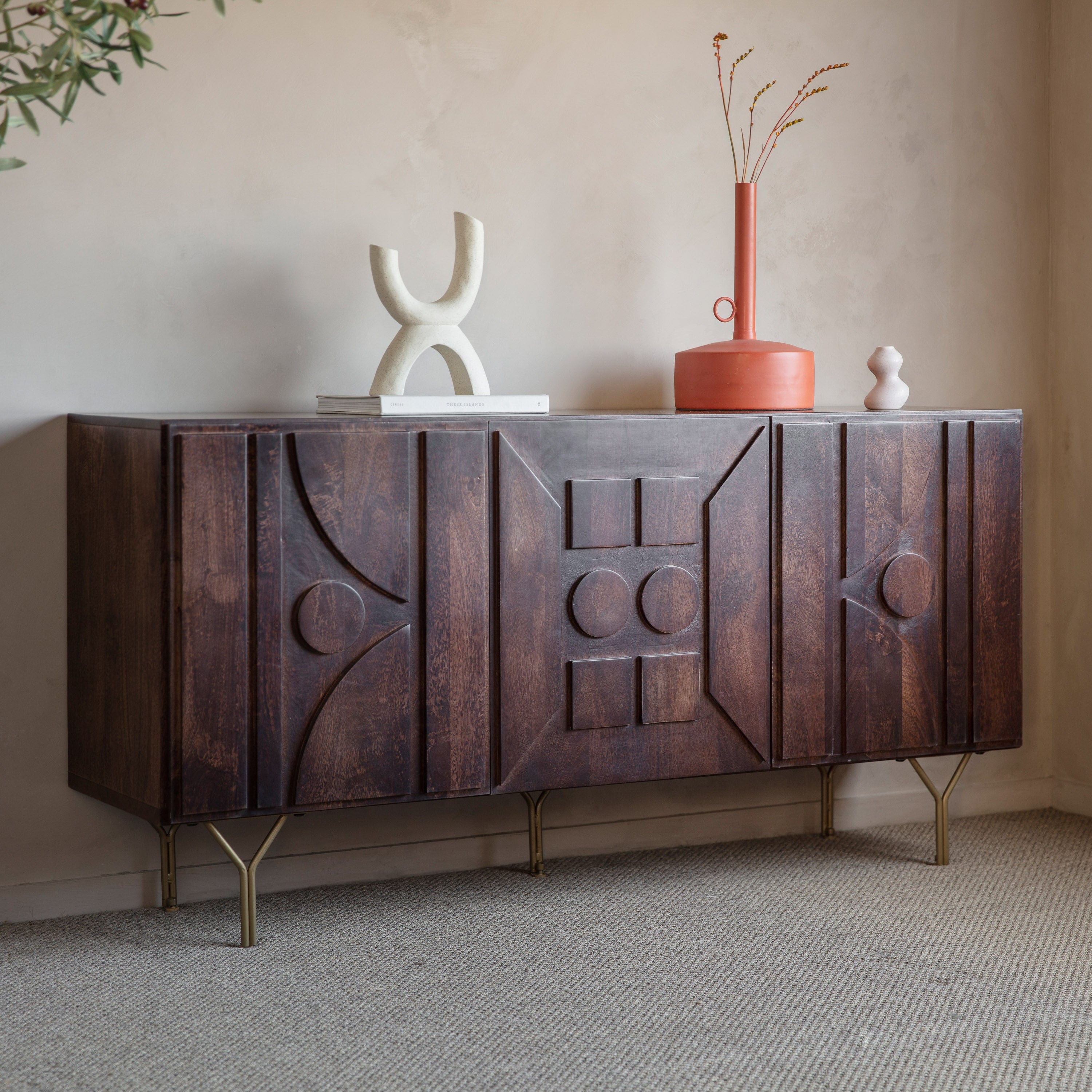 Miso 3 door solid mango wood sideboard with geometric relief pattern and metal legs | MalletandPlane.com