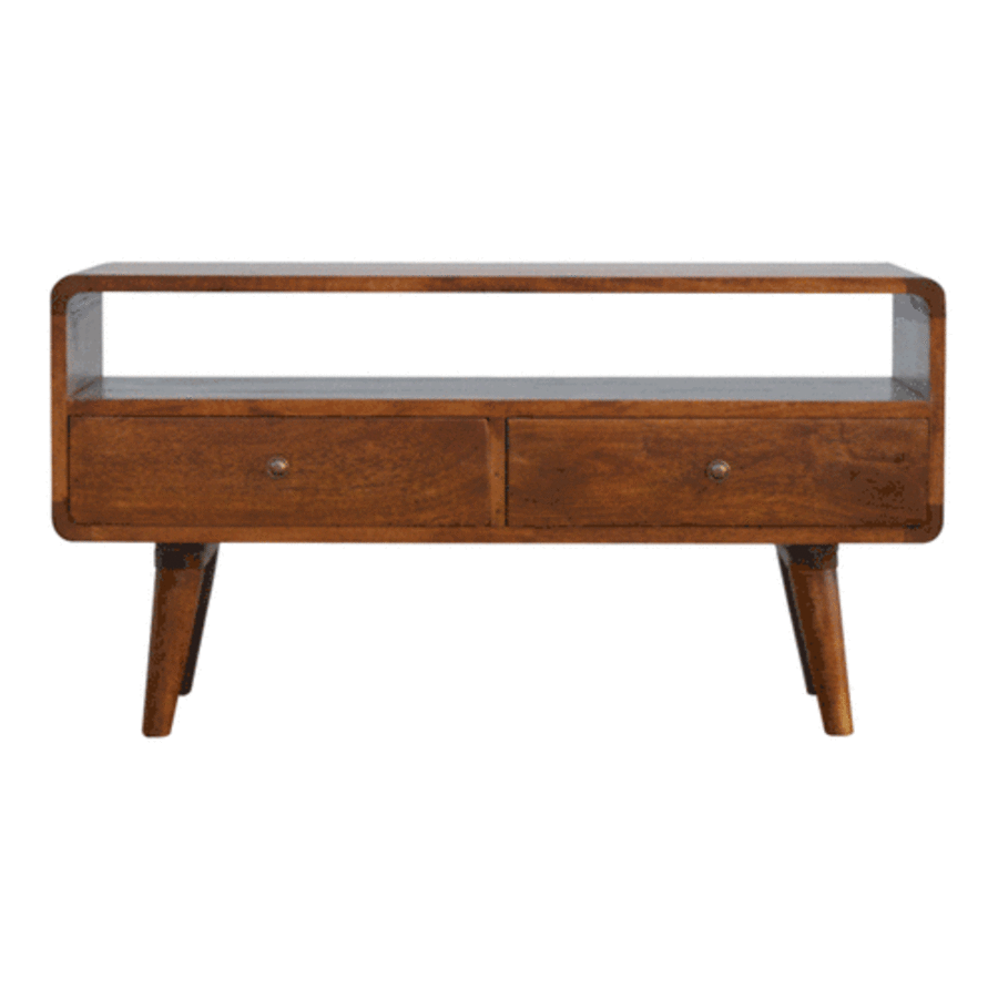 Century handmade wooden TV stand with 2 drawers in deep chestnut finish  | malletandplane.com 